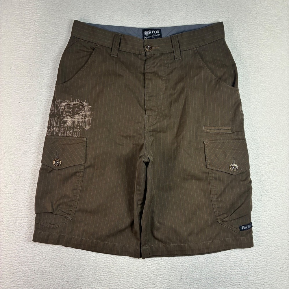 Y2K Fox Racing Baggy Cargo Shorts Men 31x11 Brown Pinstripe Skater Moto Riders